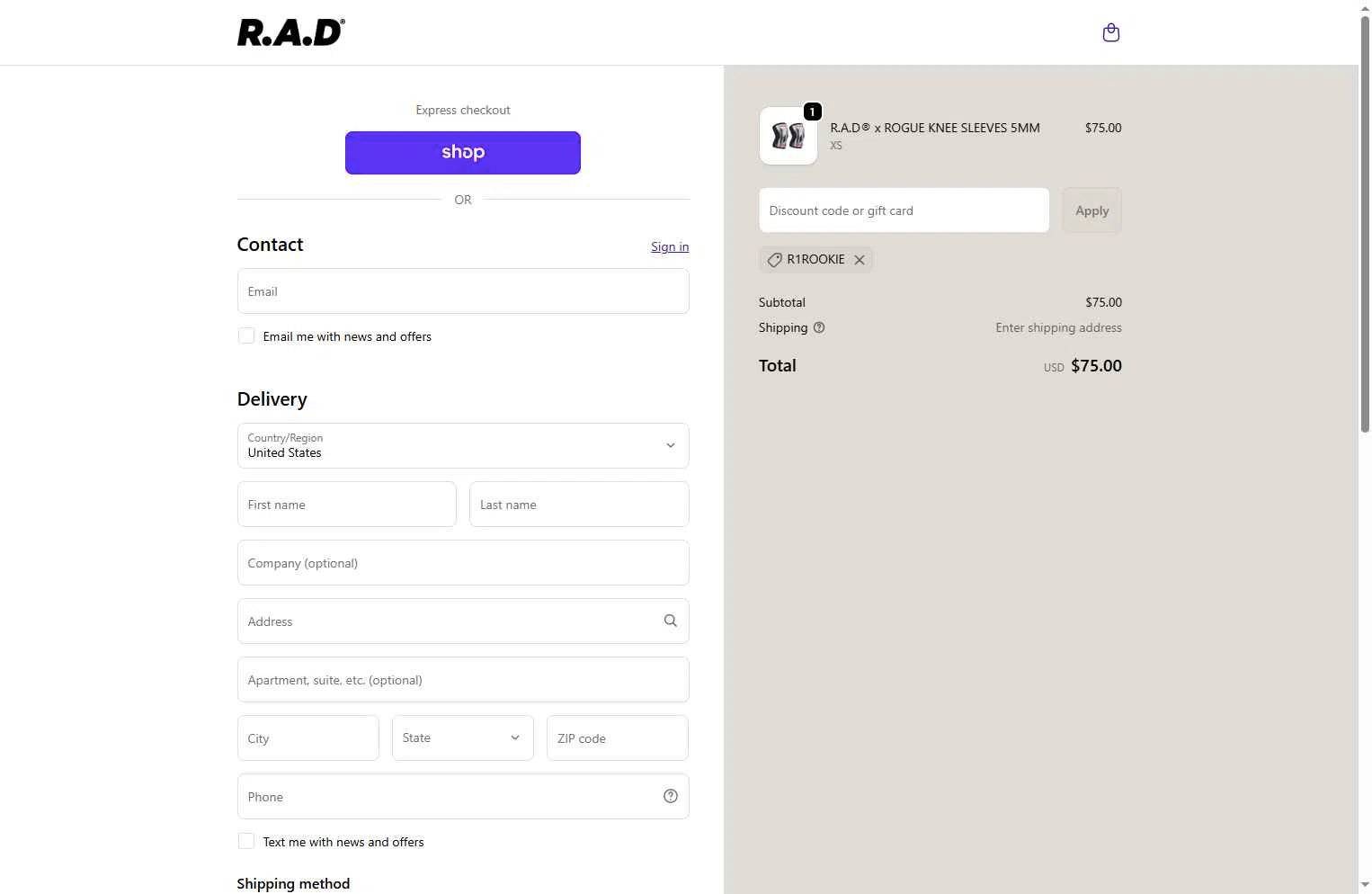 R.A.D checkout page showing R.A.D discount code box | Screenshot taken by SimplyCodes community member on Dec 10, 2025