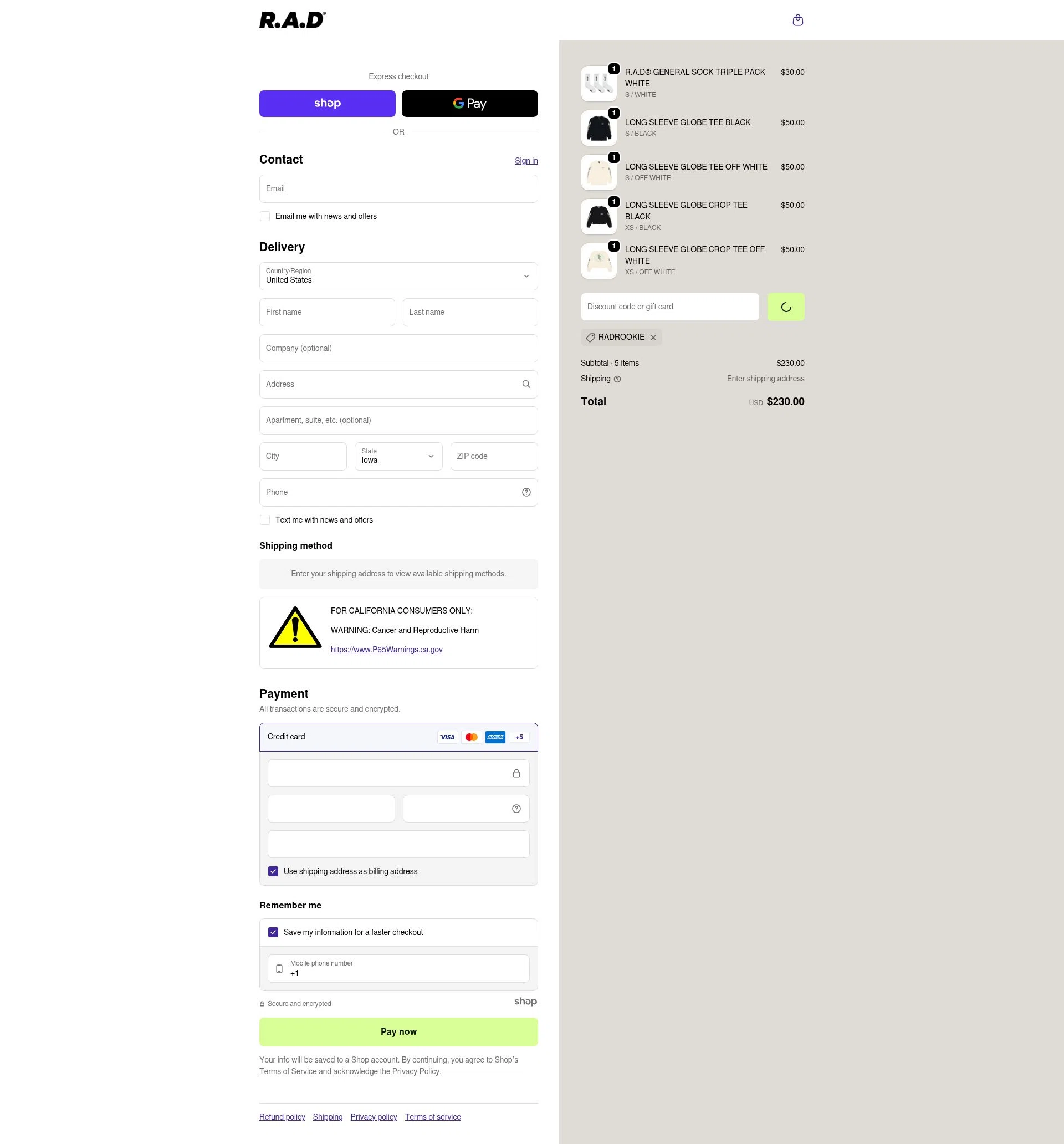 R.A.D checkout page showing R.A.D discount code box | Screenshot taken by SimplyCodes community member on Dec 23, 2025