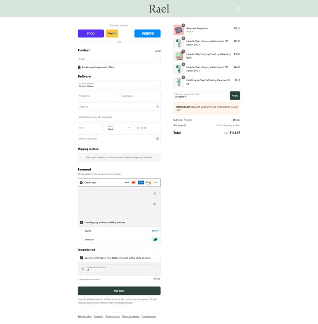 Rael checkout page showing Rael discount code box | Screenshot taken by SimplyCodes community member on Sep 6, 2025