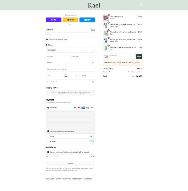 Rael checkout page showing Rael discount code box | Screenshot taken by SimplyCodes community member on Sep 6, 2025
