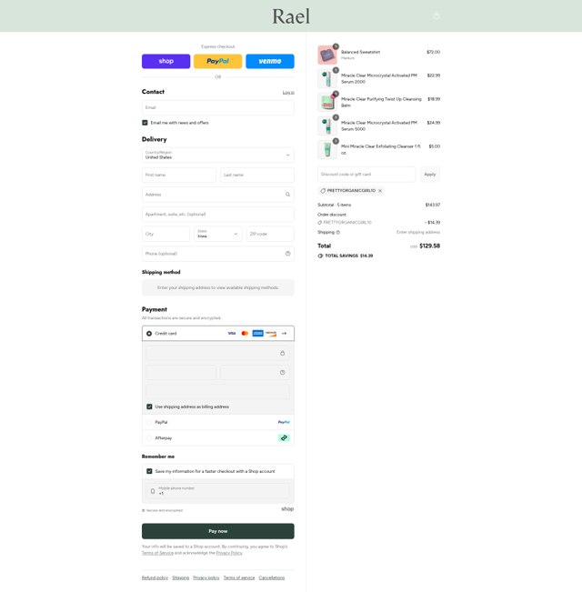 Rael checkout page showing Rael discount code box | Screenshot taken by SimplyCodes community member on Sep 6, 2025