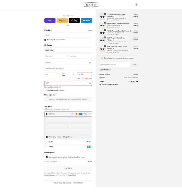Raen checkout page showing Raen discount code box | Screenshot taken by SimplyCodes community member on Sep 4, 2025