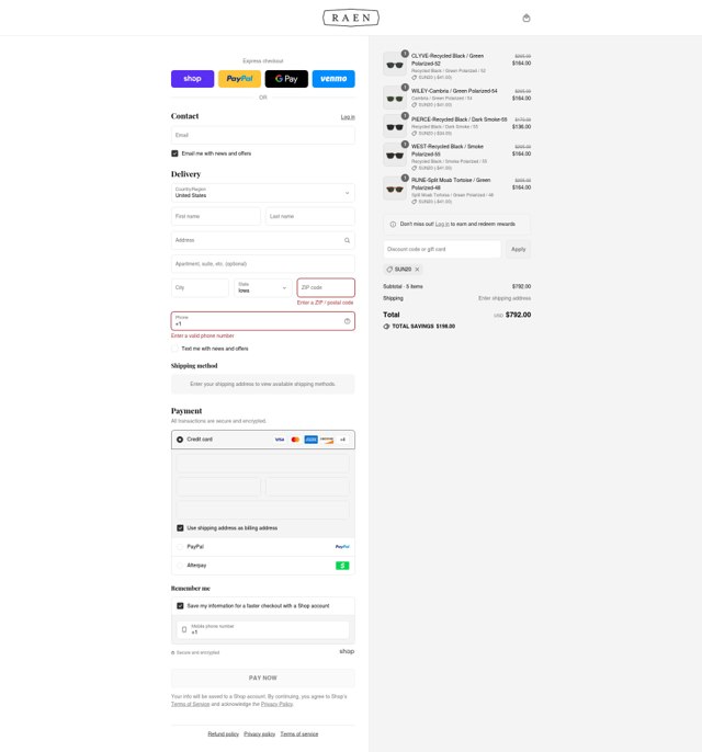 Raen checkout page showing Raen discount code box | Screenshot taken by SimplyCodes community member on Sep 4, 2025