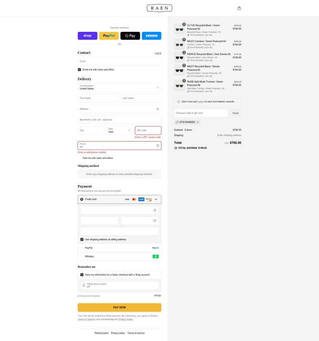 Raen checkout page showing Raen discount code box | Screenshot taken by SimplyCodes community member on Aug 31, 2025