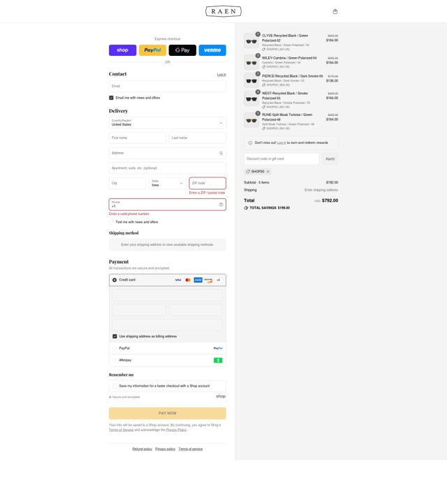 Raen checkout page showing Raen discount code box | Screenshot taken by SimplyCodes community member on Sep 4, 2025