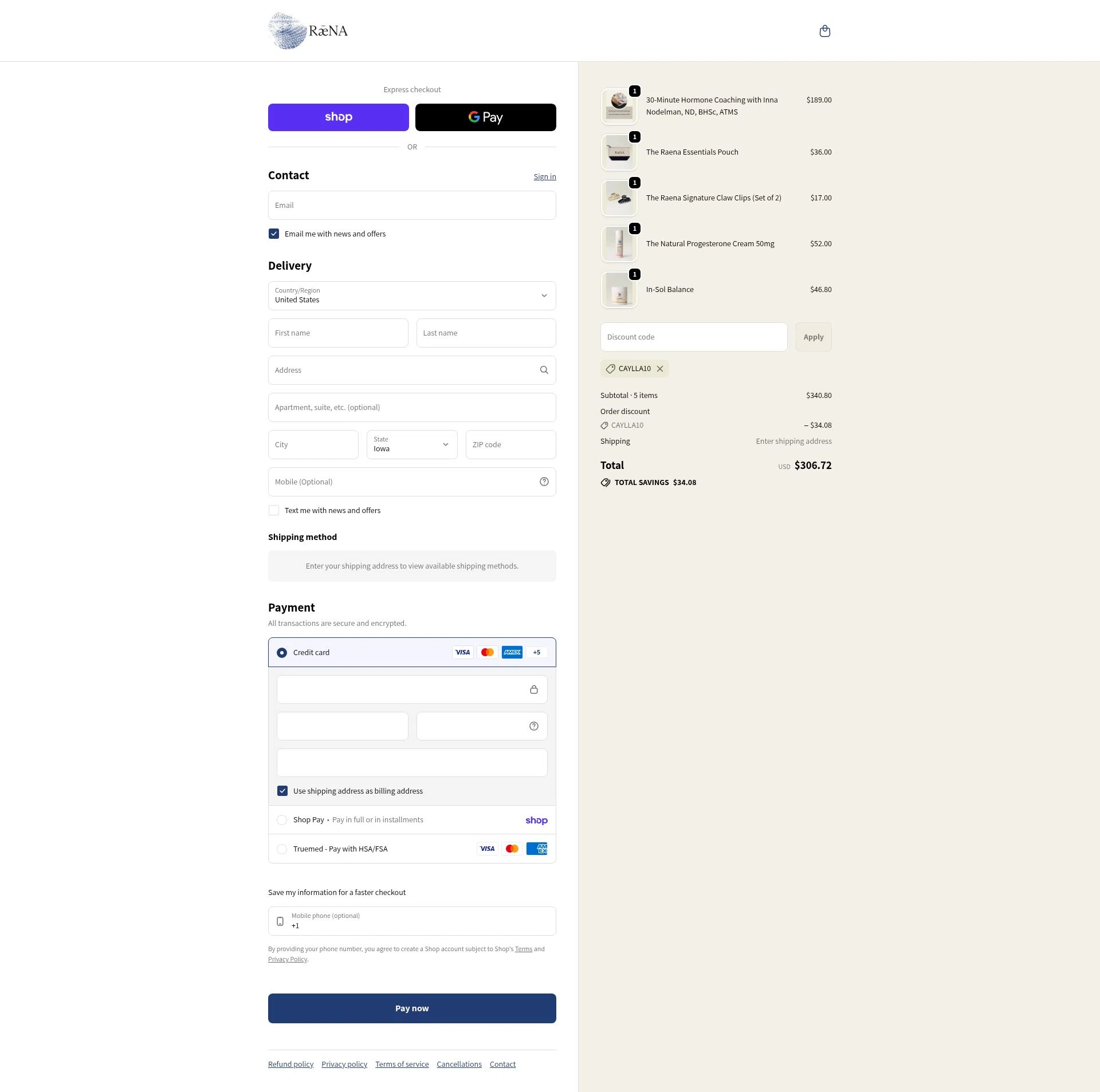 Raena checkout page showing Raena promo code box | Screenshot taken by SimplyCodes community member on Feb 5, 2026