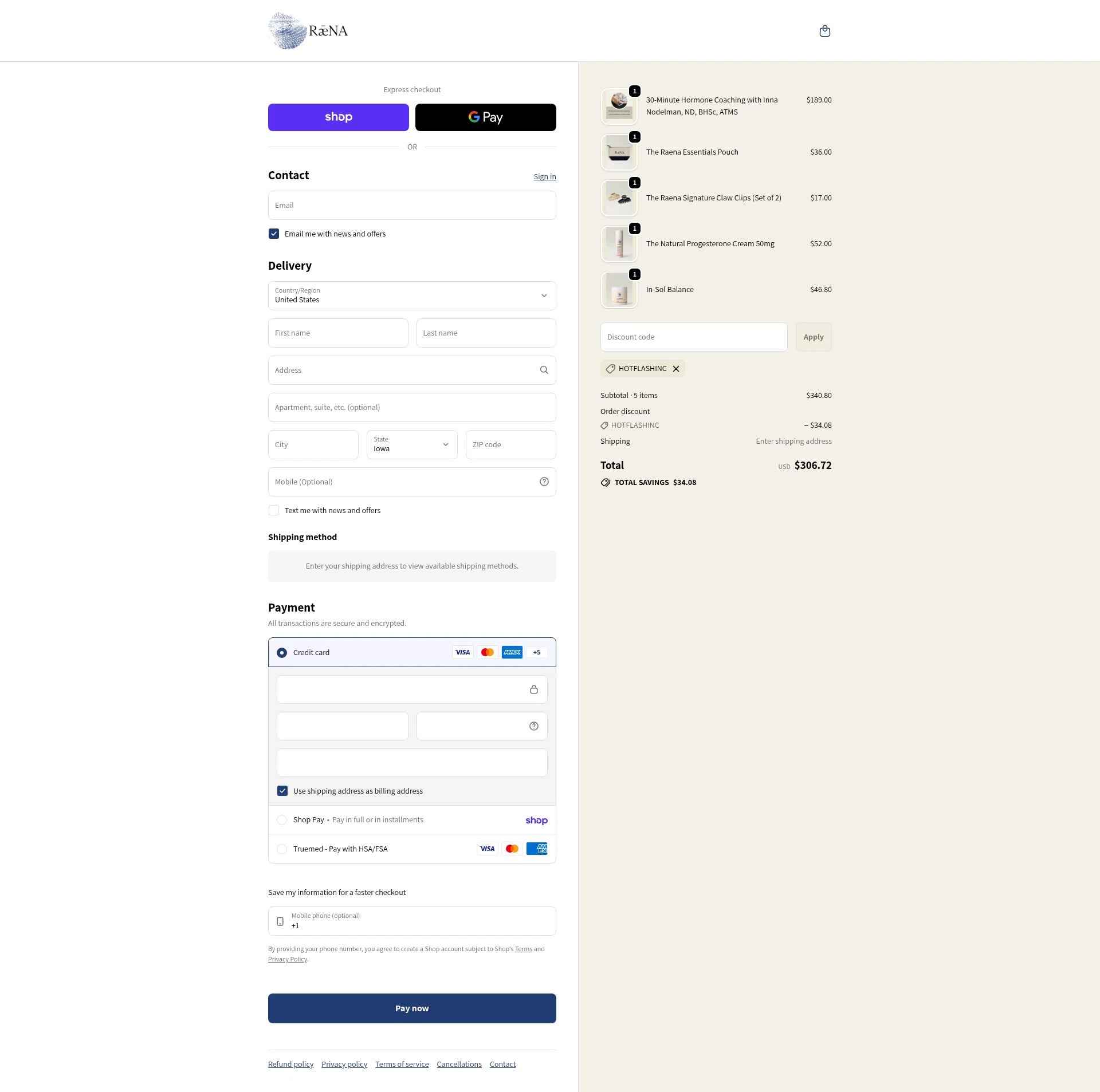 Raena checkout page showing Raena promo code box | Screenshot taken by SimplyCodes community member on Feb 5, 2026