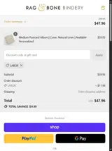 Rag & Bone Bindery coupon verification screenshot