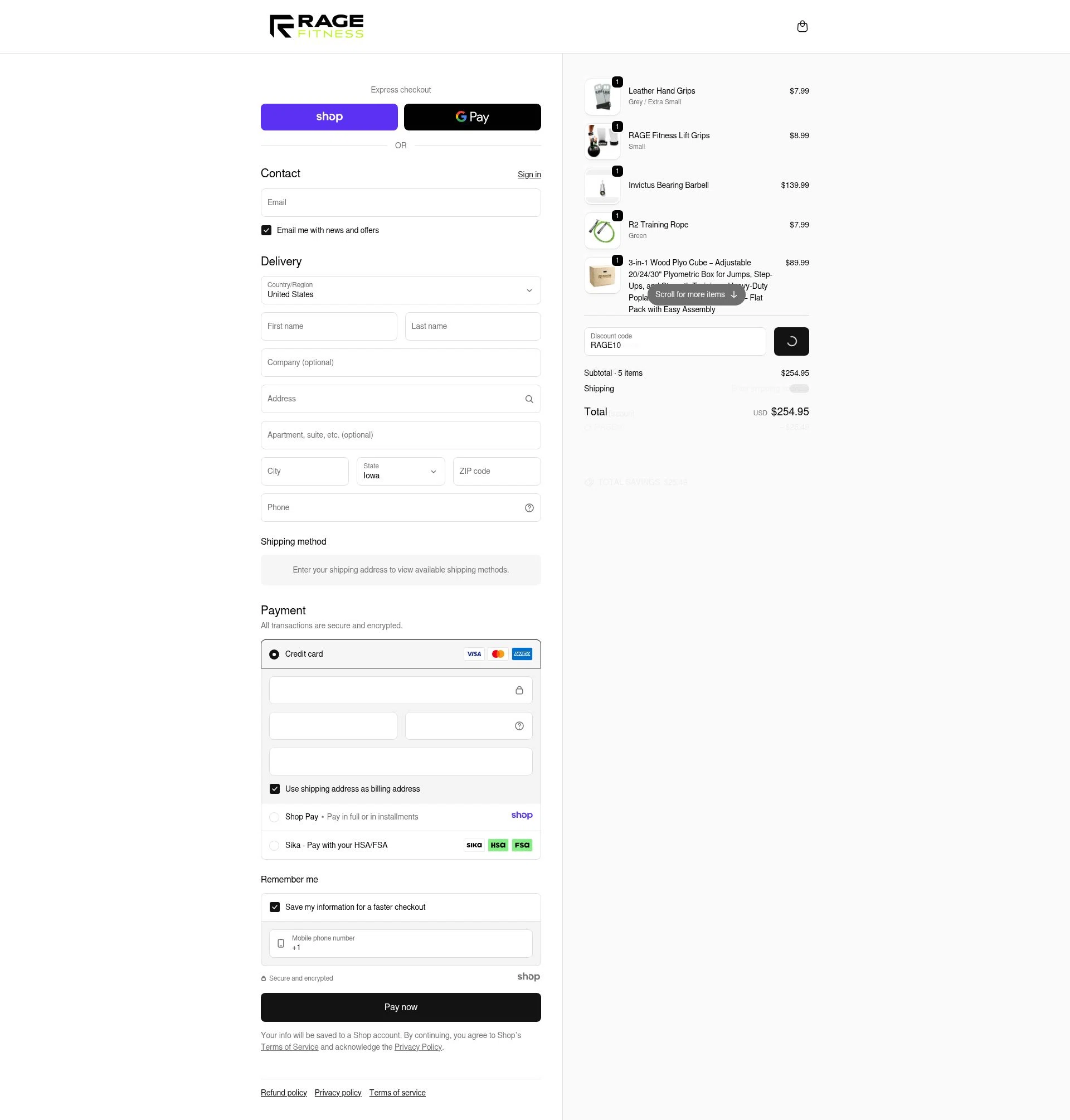 Rage Fitness checkout page showing Rage Fitness promo code box | Screenshot taken by SimplyCodes community member on Dec 27, 2025
