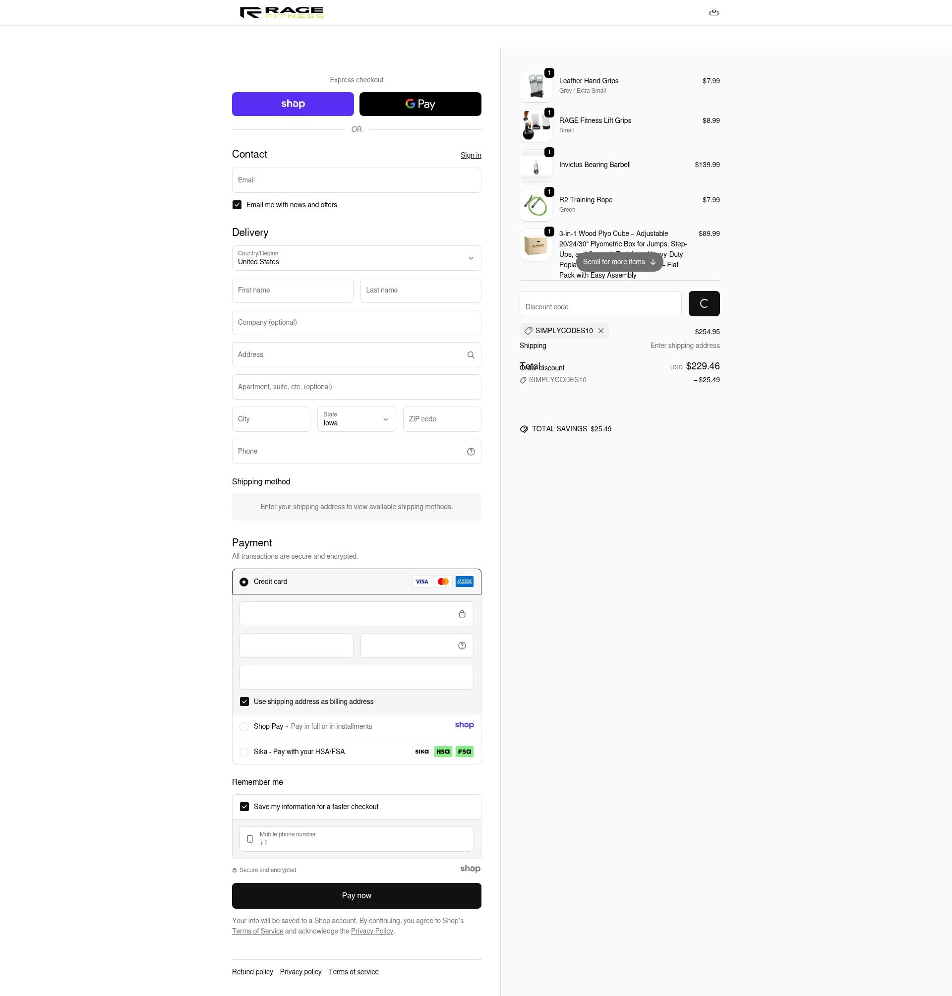 Rage Fitness checkout page showing Rage Fitness promo code box | Screenshot taken by SimplyCodes community member on Dec 27, 2025