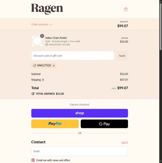 Ragen Jewels checkout page showing Ragen Jewels discount code box | Screenshot taken by SimplyCodes community member on Sep 2, 2025