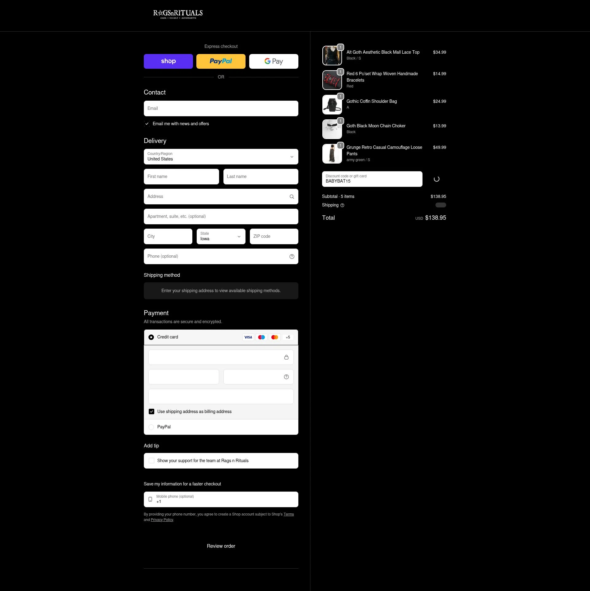 RagsnRituals checkout page showing RagsnRituals discount code box | Screenshot taken by SimplyCodes community member on Feb 13, 2026