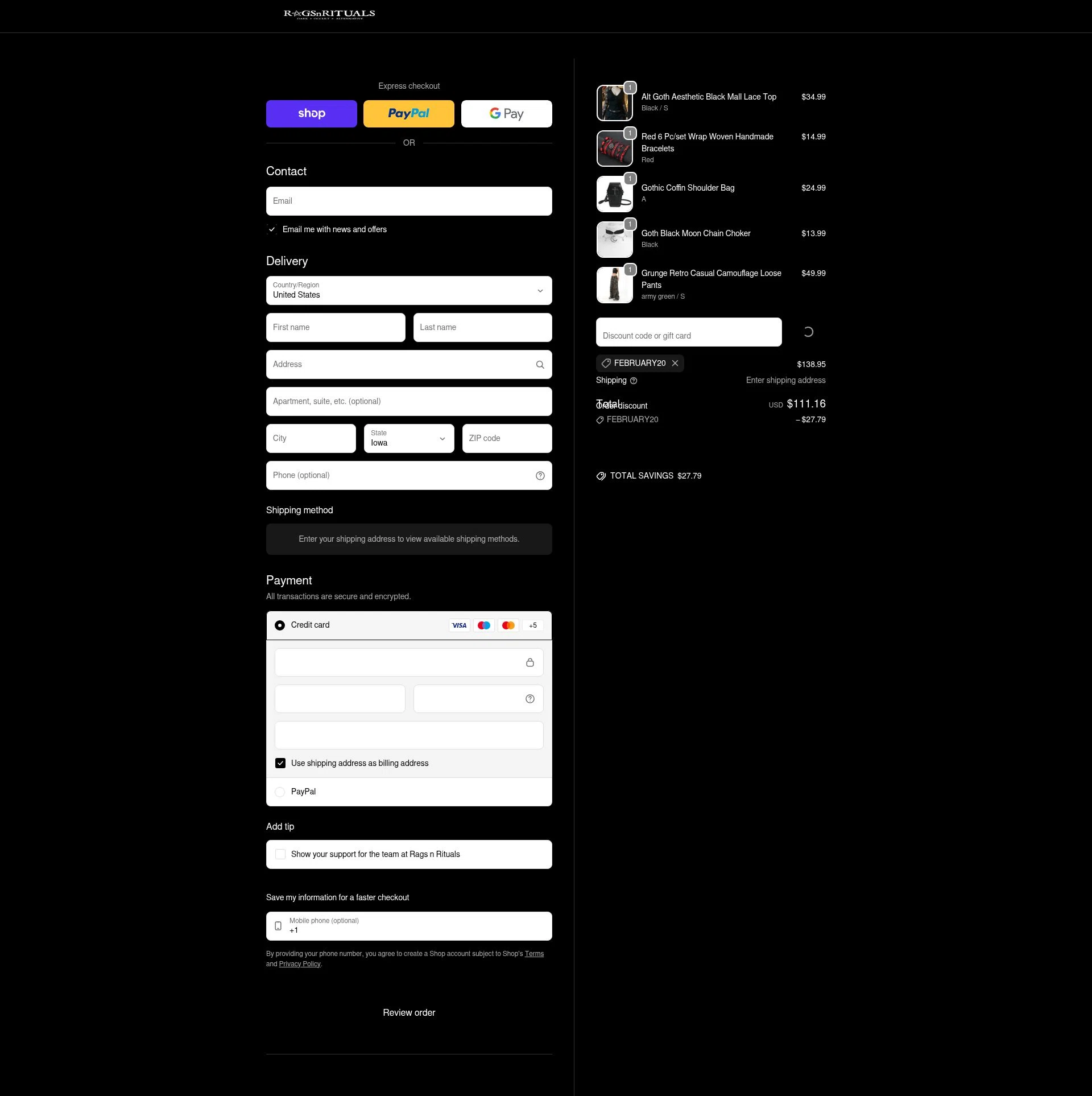 RagsnRituals checkout page showing RagsnRituals discount code box | Screenshot taken by SimplyCodes community member on Feb 13, 2026