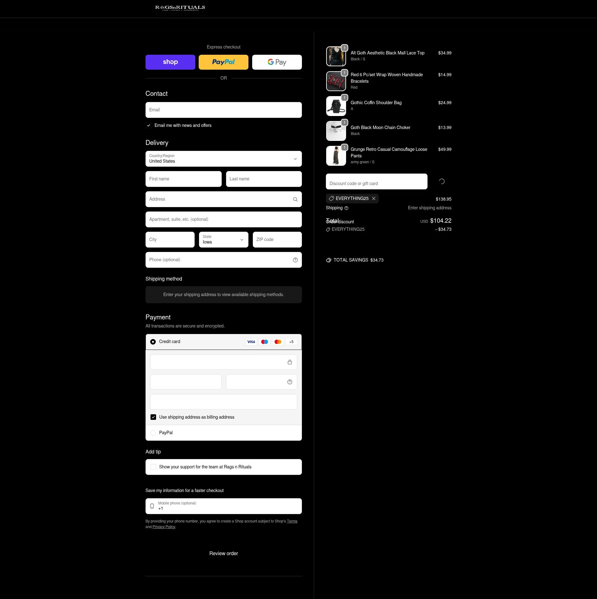 RagsnRituals checkout page showing RagsnRituals discount code box | Screenshot taken by SimplyCodes community member on Feb 13, 2026