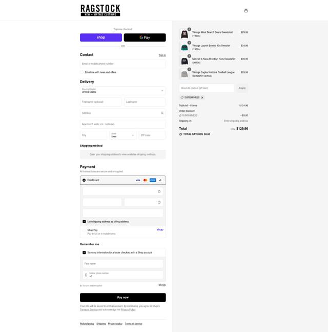 Ragstock checkout page showing Ragstock coupon code box | Screenshot taken by SimplyCodes community member on Sep 10, 2025