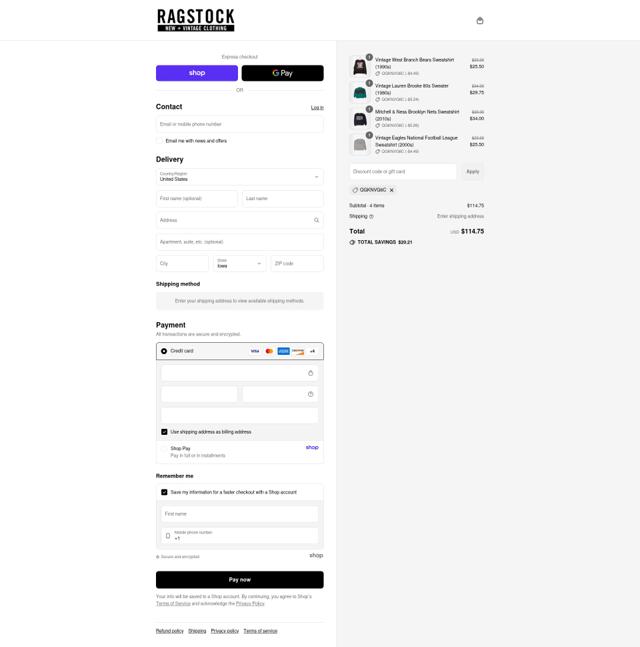 Ragstock checkout page showing Ragstock coupon code box | Screenshot taken by SimplyCodes community member on Sep 2, 2025