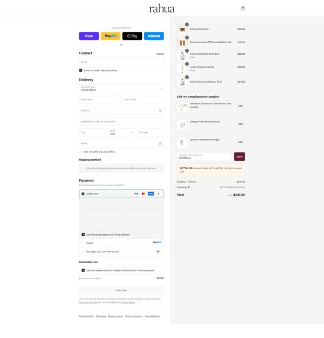 Rahua checkout page showing Rahua discount code box | Screenshot taken by SimplyCodes community member on Sep 11, 2025