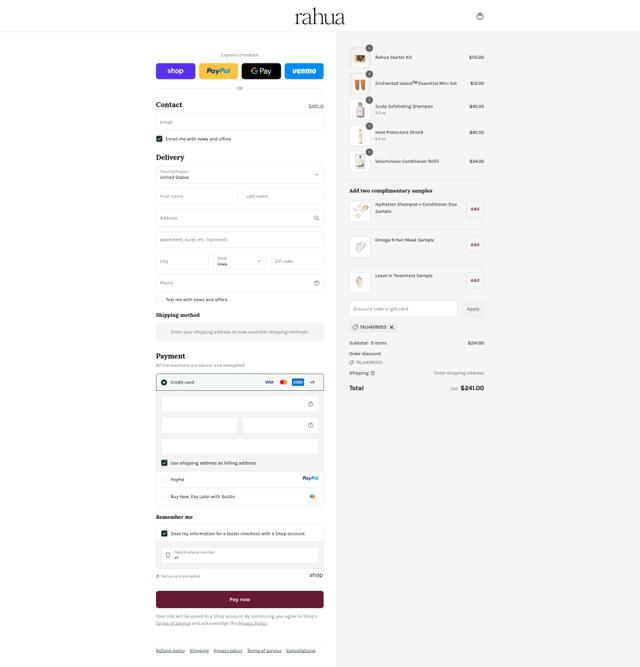 Rahua checkout page showing Rahua discount code box | Screenshot taken by SimplyCodes community member on Sep 11, 2025