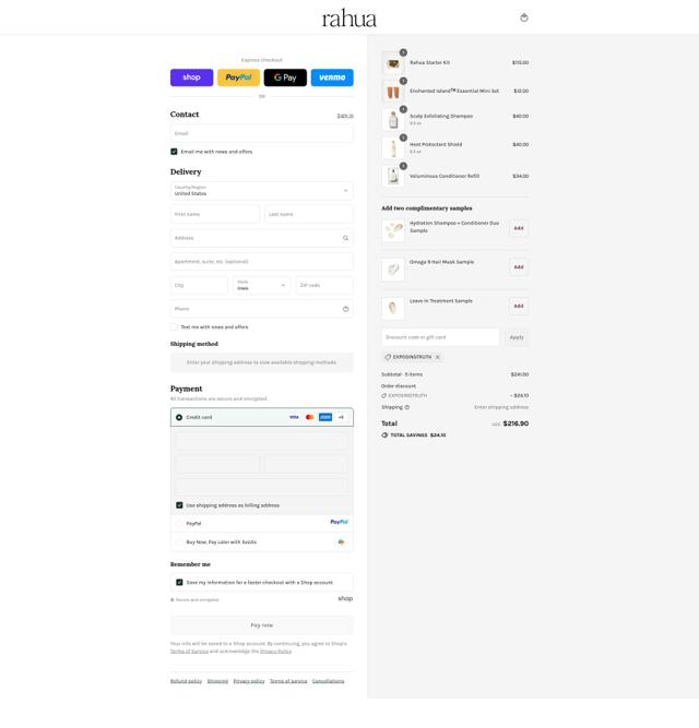 Rahua checkout page showing Rahua discount code box | Screenshot taken by SimplyCodes community member on Sep 11, 2025