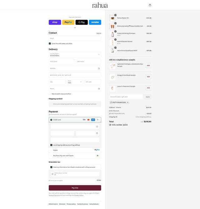 Rahua checkout page showing Rahua discount code box | Screenshot taken by SimplyCodes community member on Sep 11, 2025