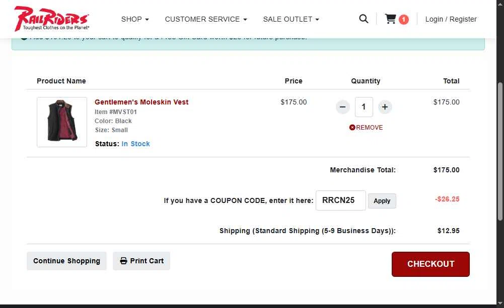 Rail Riders checkout page showing Rail Riders promo code box | Screenshot taken by SimplyCodes community member on Oct 28, 2025