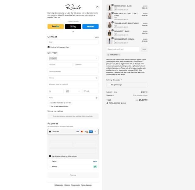 Rails checkout page showing Rails discount code box | Screenshot taken by SimplyCodes community member on Aug 29, 2025