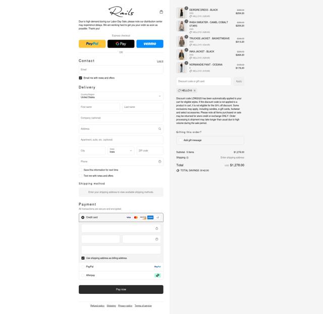 Rails checkout page showing Rails discount code box | Screenshot taken by SimplyCodes community member on Aug 29, 2025