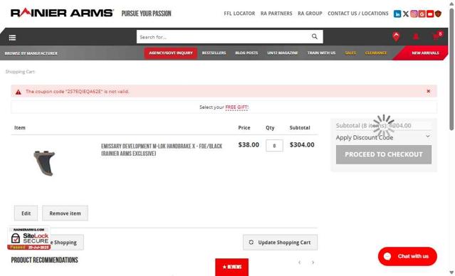 Rainier Arms checkout page showing Rainier Arms promo code box | Screenshot taken by SimplyCodes community member on Jul 25, 2025