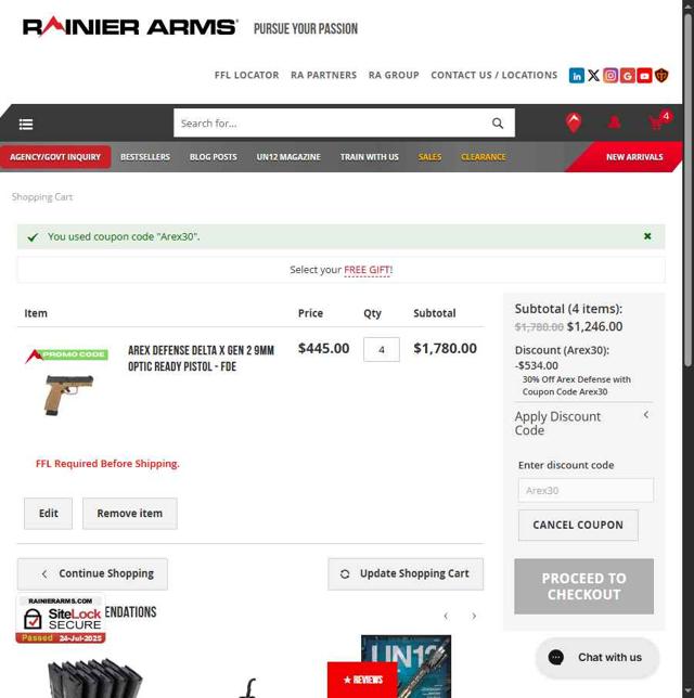 Rainier Arms checkout page showing Rainier Arms promo code box | Screenshot taken by SimplyCodes community member on Jul 25, 2025