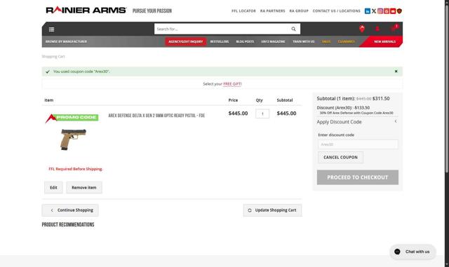 Rainier Arms checkout page showing Rainier Arms promo code box | Screenshot taken by SimplyCodes community member on Jul 9, 2025