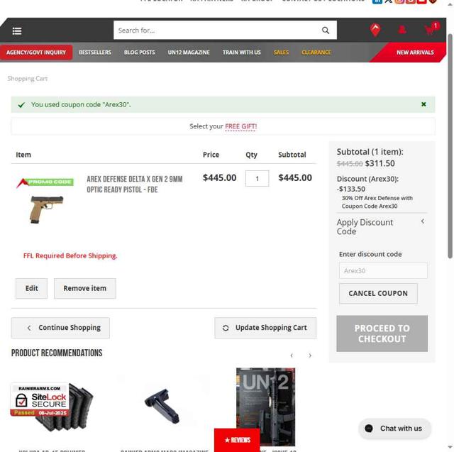 Rainier Arms checkout page showing Rainier Arms promo code box | Screenshot taken by SimplyCodes community member on Jul 9, 2025