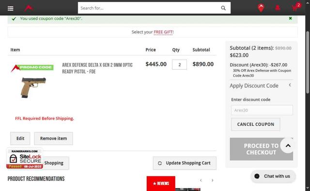 Rainier Arms checkout page showing Rainier Arms promo code box | Screenshot taken by SimplyCodes community member on Jul 9, 2025