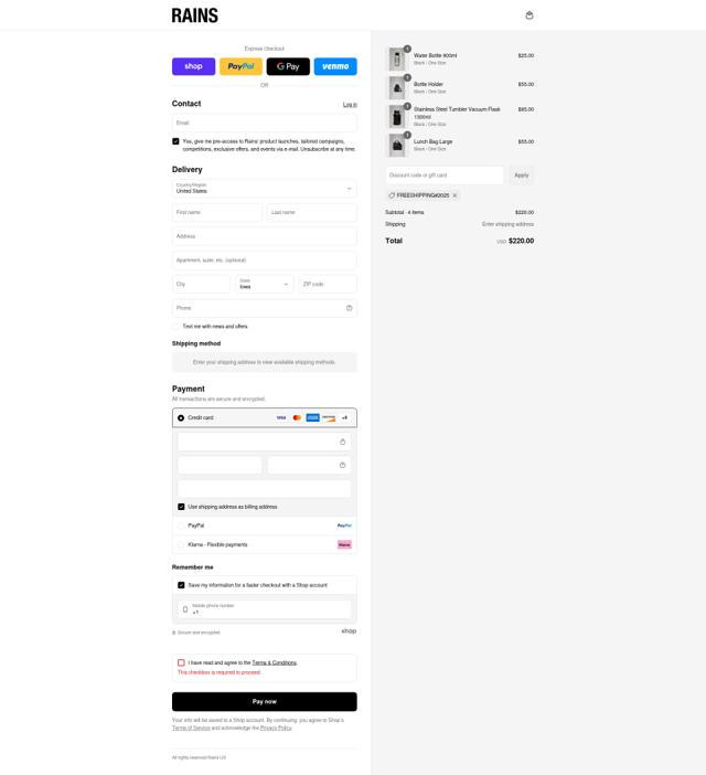 RAINS US checkout page showing RAINS US discount code box | Screenshot taken by SimplyCodes community member on Sep 2, 2025