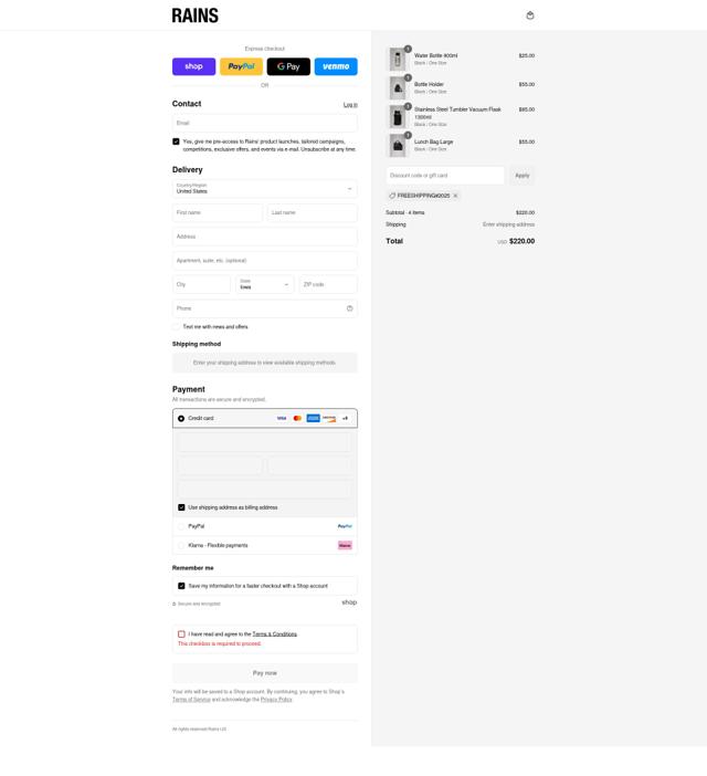 RAINS US checkout page showing RAINS US discount code box | Screenshot taken by SimplyCodes community member on Aug 29, 2025