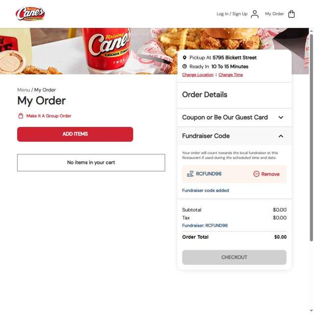Raising Cane's checkout page showing Raising Cane's coupon code box | Screenshot taken by SimplyCodes community member on May 19, 2025