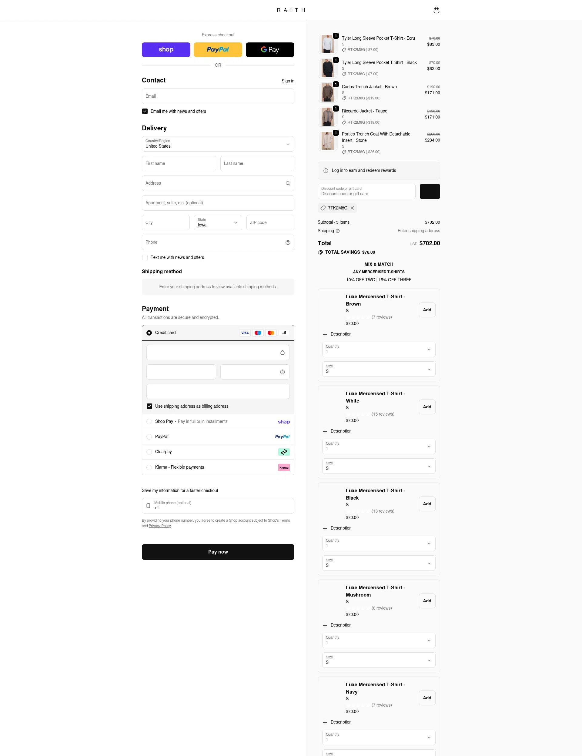 Raith Clothing checkout page showing Raith Clothing discount code box | Screenshot taken by SimplyCodes community member on Feb 15, 2026