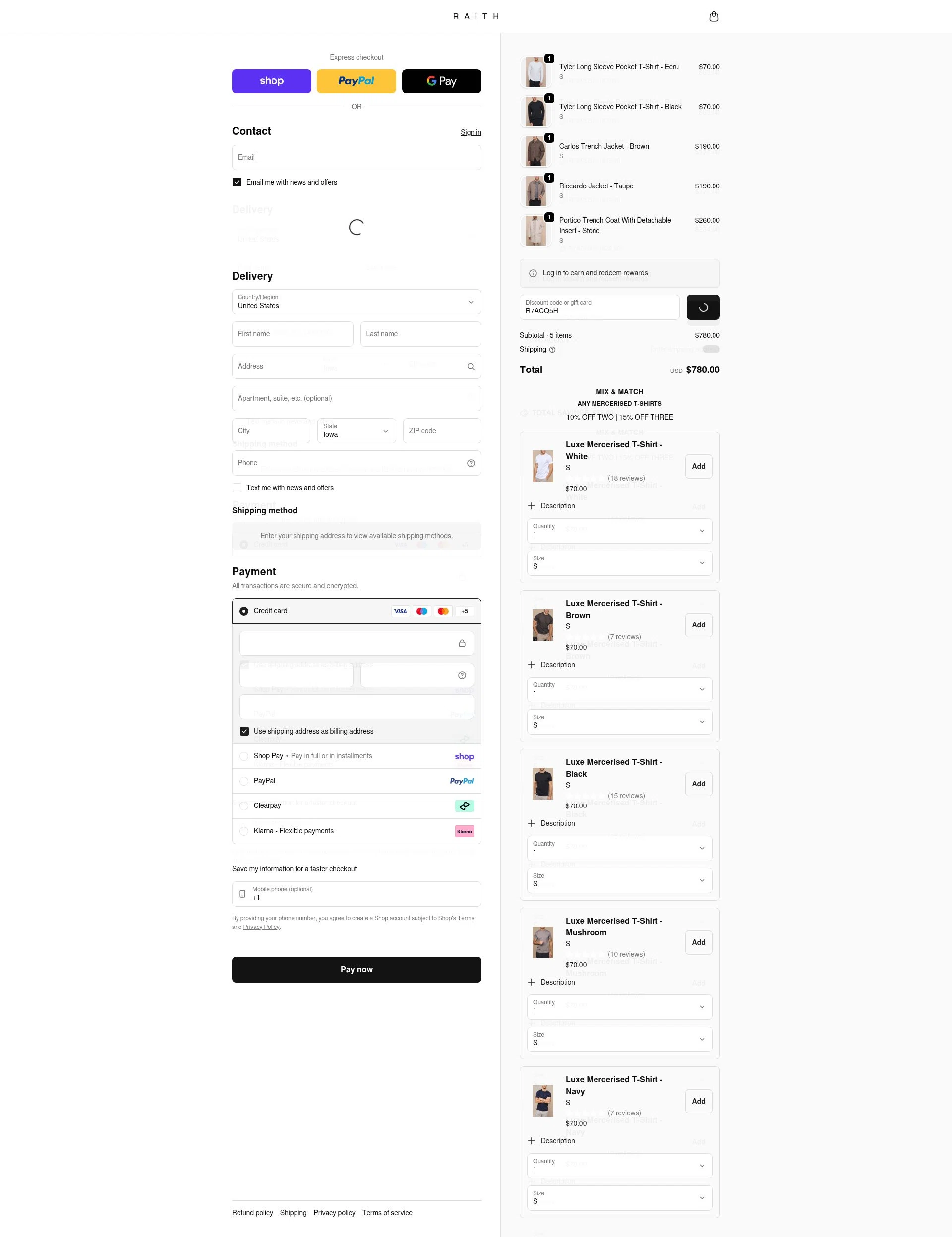 Raith Clothing checkout page showing Raith Clothing discount code box | Screenshot taken by SimplyCodes community member on Feb 20, 2026