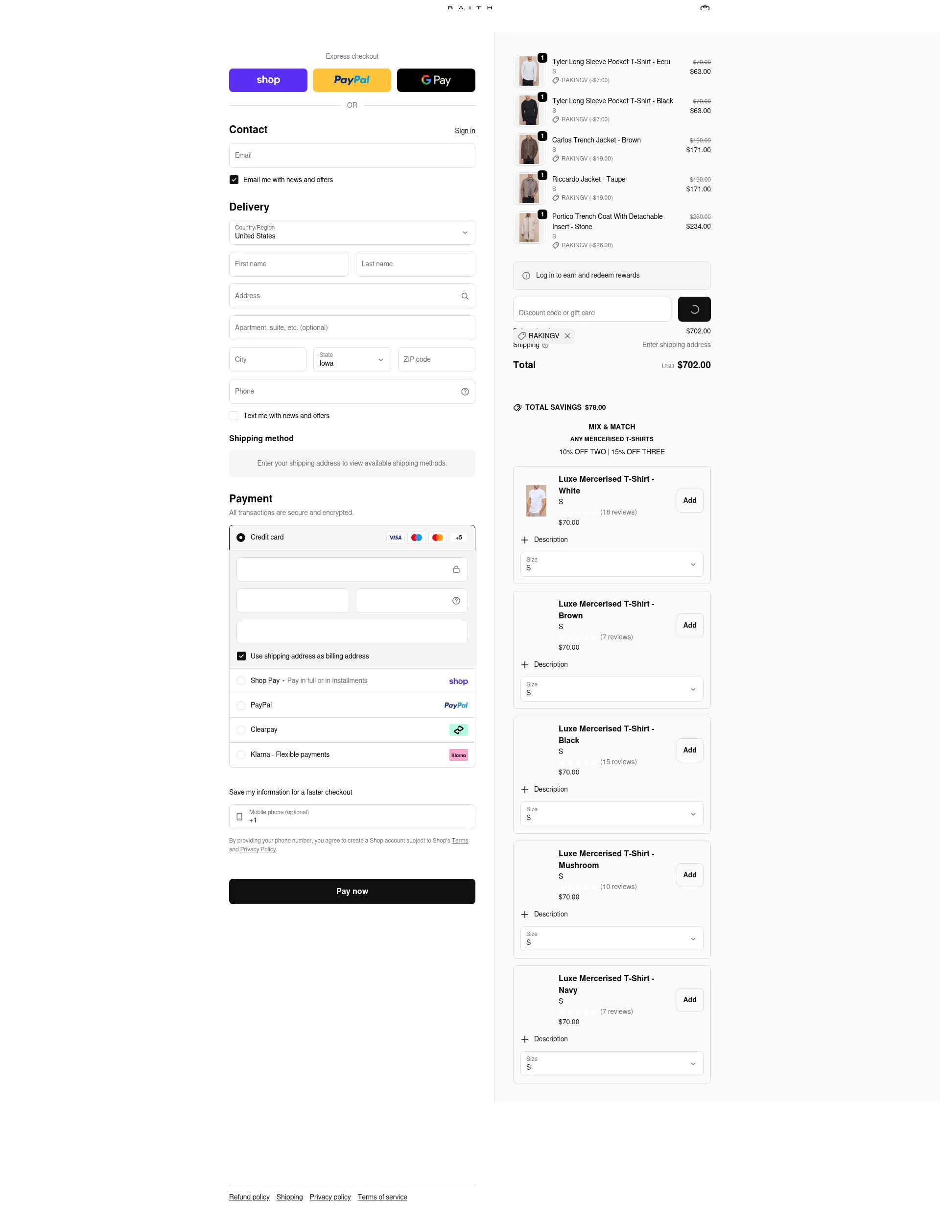 Raith Clothing checkout page showing Raith Clothing discount code box | Screenshot taken by SimplyCodes community member on Feb 20, 2026
