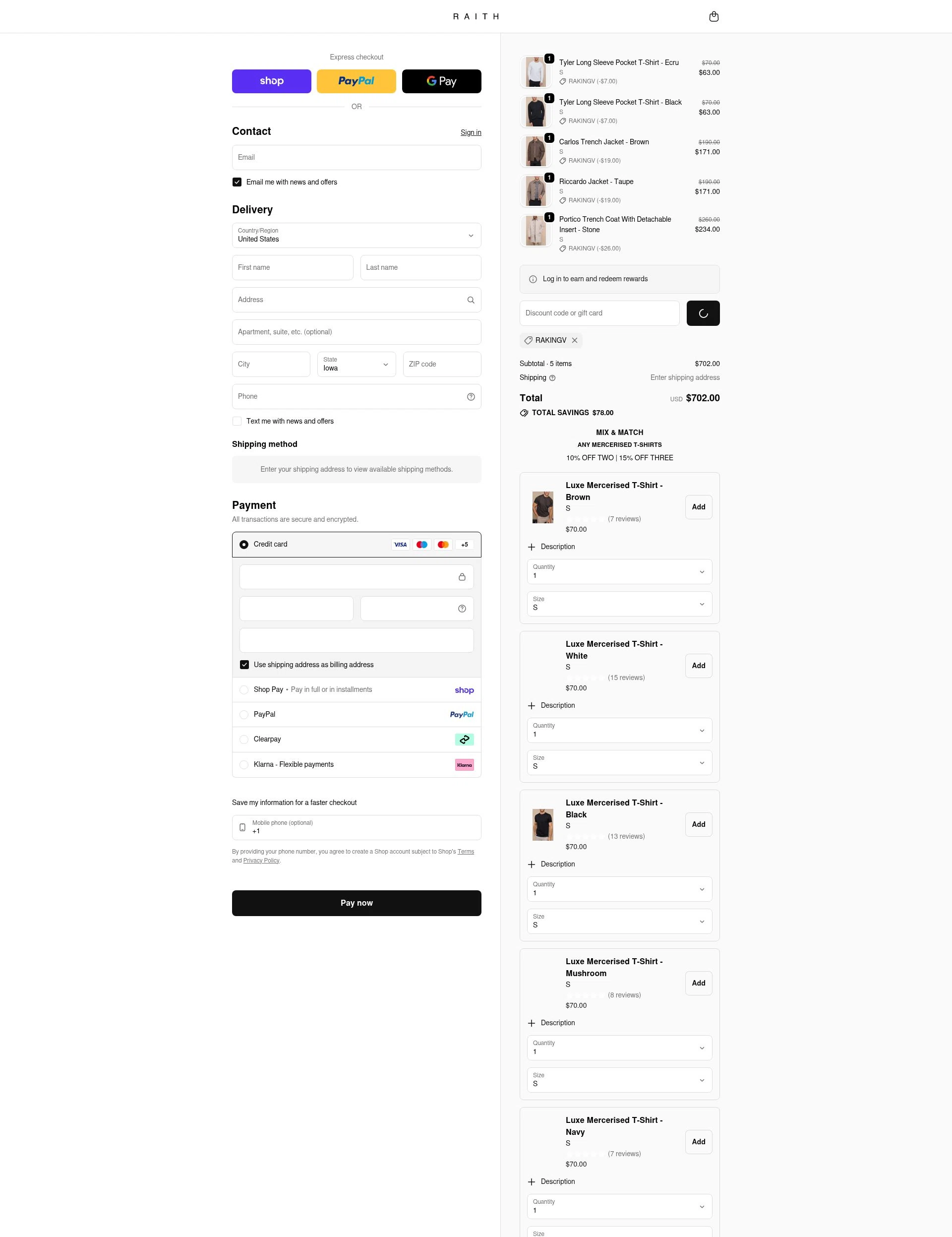 Raith Clothing checkout page showing Raith Clothing discount code box | Screenshot taken by SimplyCodes community member on Feb 15, 2026