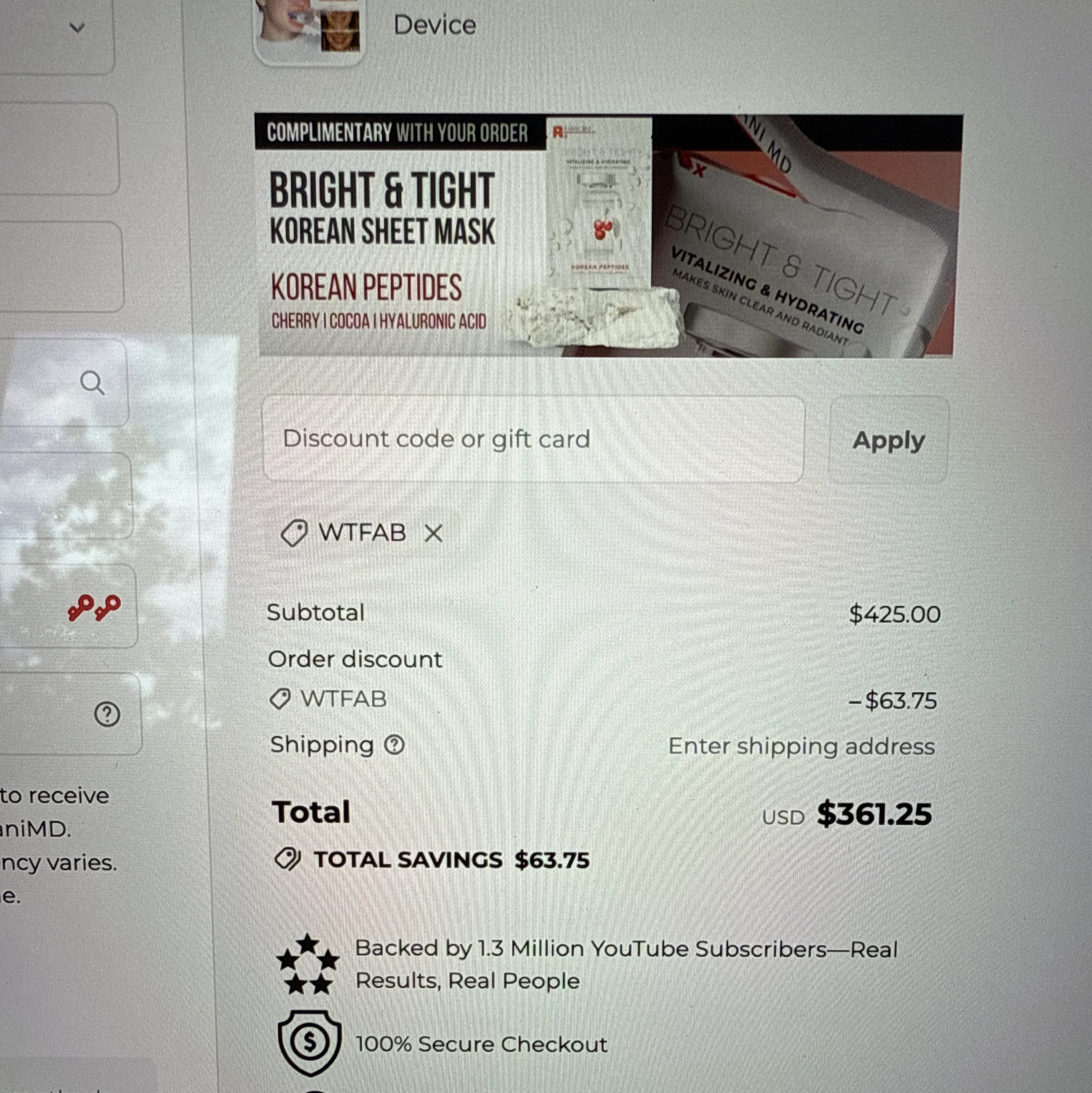 RajaniMD Store promo code screenshot showing code WTFAB applied at RajaniMD Store checkout page. Uploaded by SimplyCodes community member CashCurator3686 on Oct 3, 2025