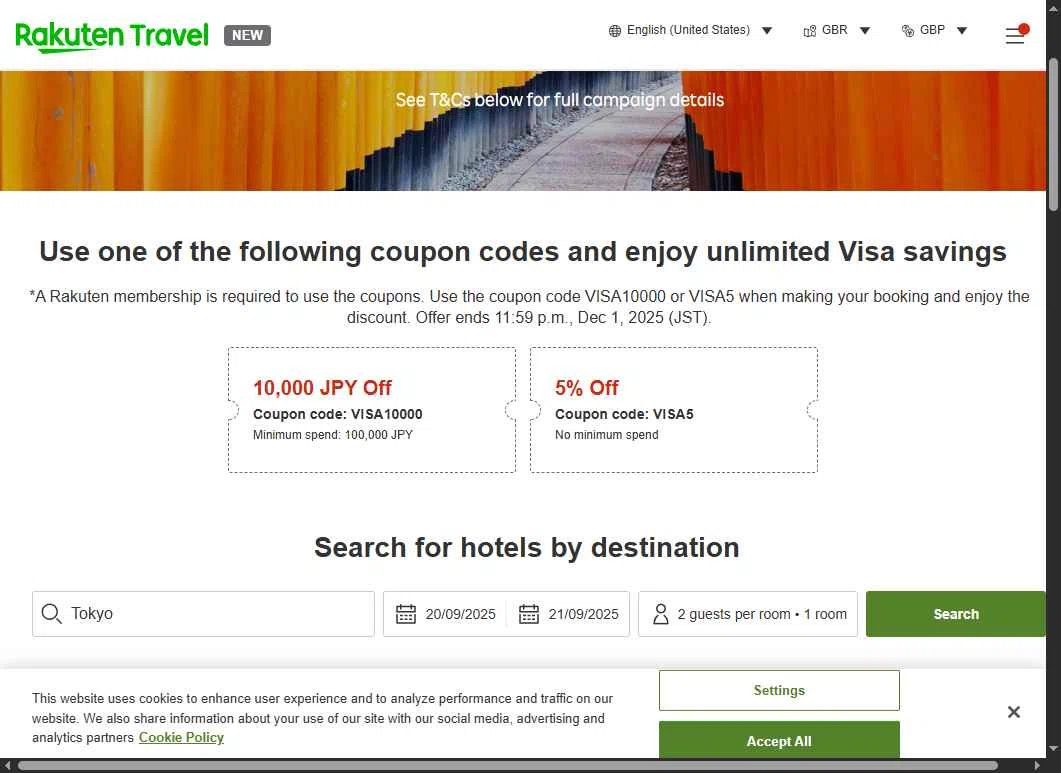 Rakuten Travel checkout page showing Rakuten Travel promo code box | Screenshot taken by SimplyCodes community member on Sep 19, 2025