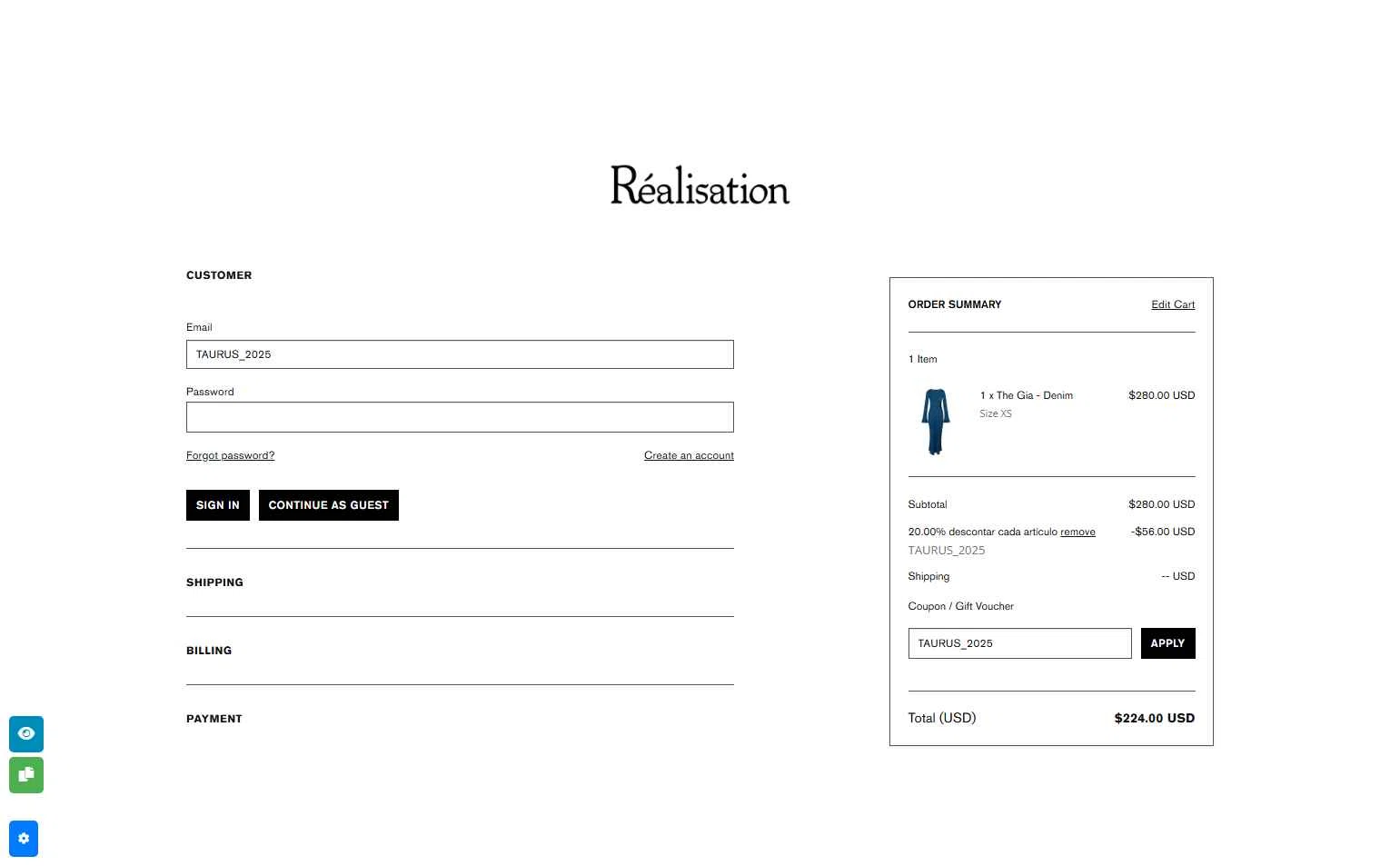 Réalisation checkout page showing Réalisation promo code box | Screenshot taken by SimplyCodes community member on Apr 25, 2025