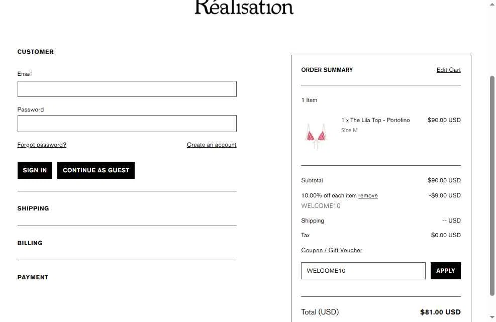 Réalisation checkout page showing Réalisation promo code box | Screenshot taken by SimplyCodes community member on Jun 15, 2025
