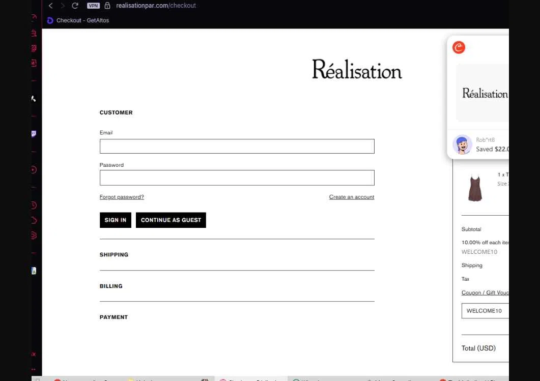 Réalisation checkout page showing Réalisation promo code box | Screenshot taken by SimplyCodes community member on Jun 15, 2025