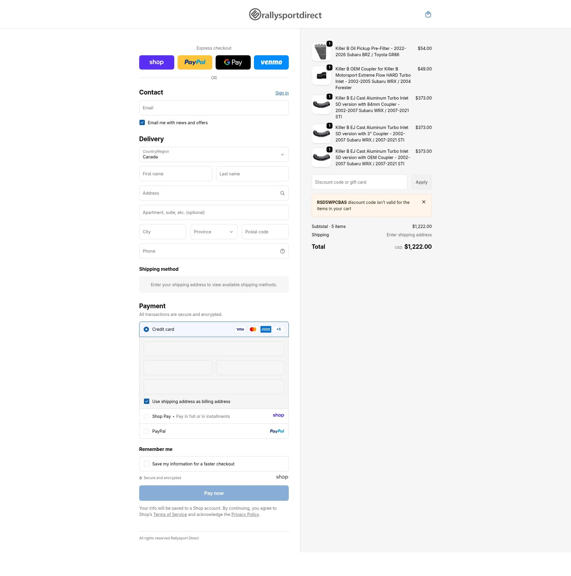 RallySport Direct checkout page showing RallySport Direct discount code box | Screenshot taken by SimplyCodes community member on Jan 2, 2026