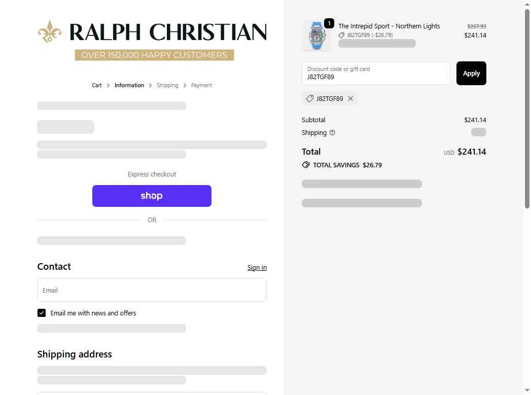 Ralph Christian Watches checkout page showing Ralph Christian Watches discount code box | Screenshot taken by SimplyCodes community member on Feb 24, 2026