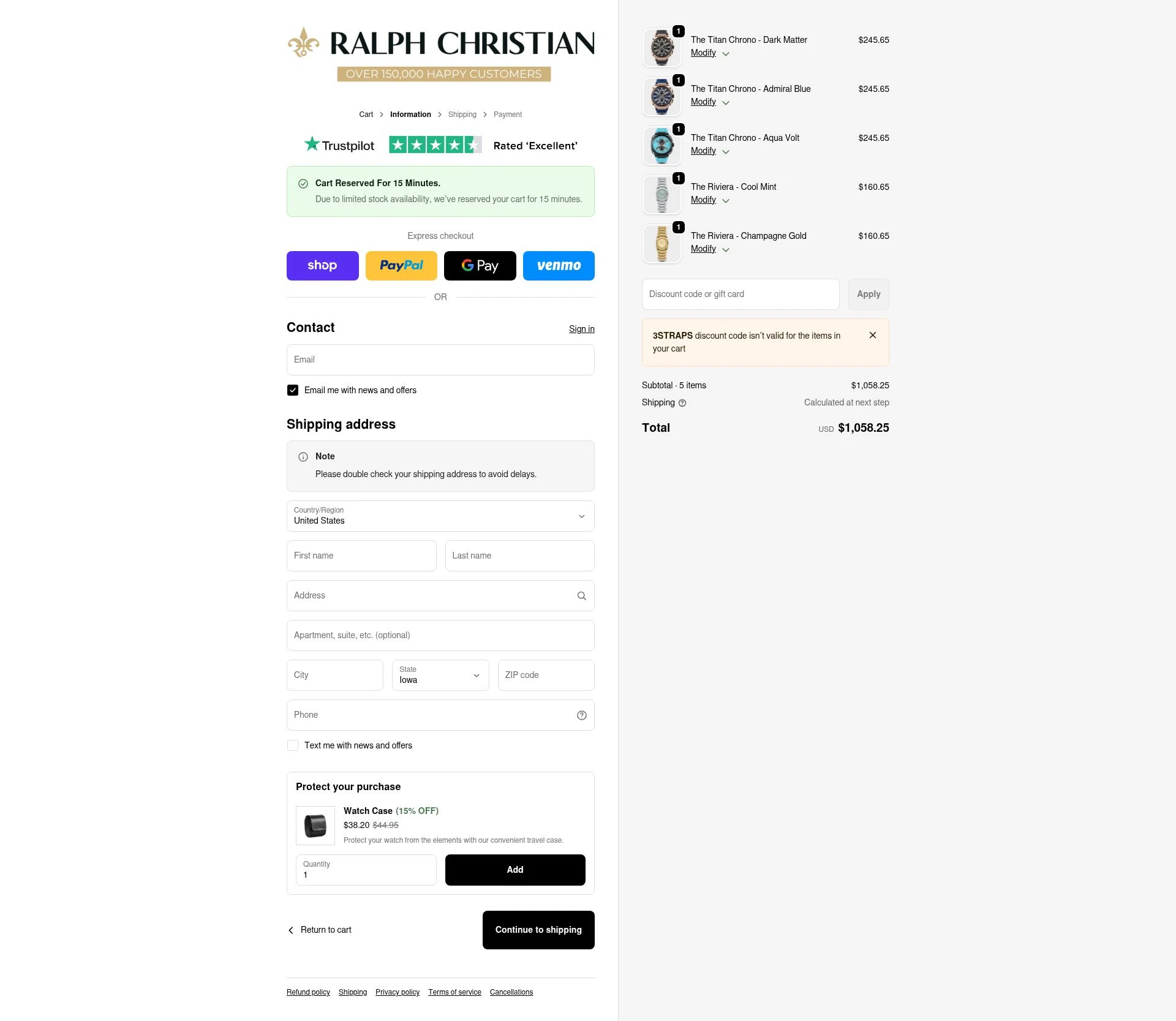 Ralph Christian Watches checkout page showing Ralph Christian Watches discount code box | Screenshot taken by SimplyCodes community member on Feb 6, 2026