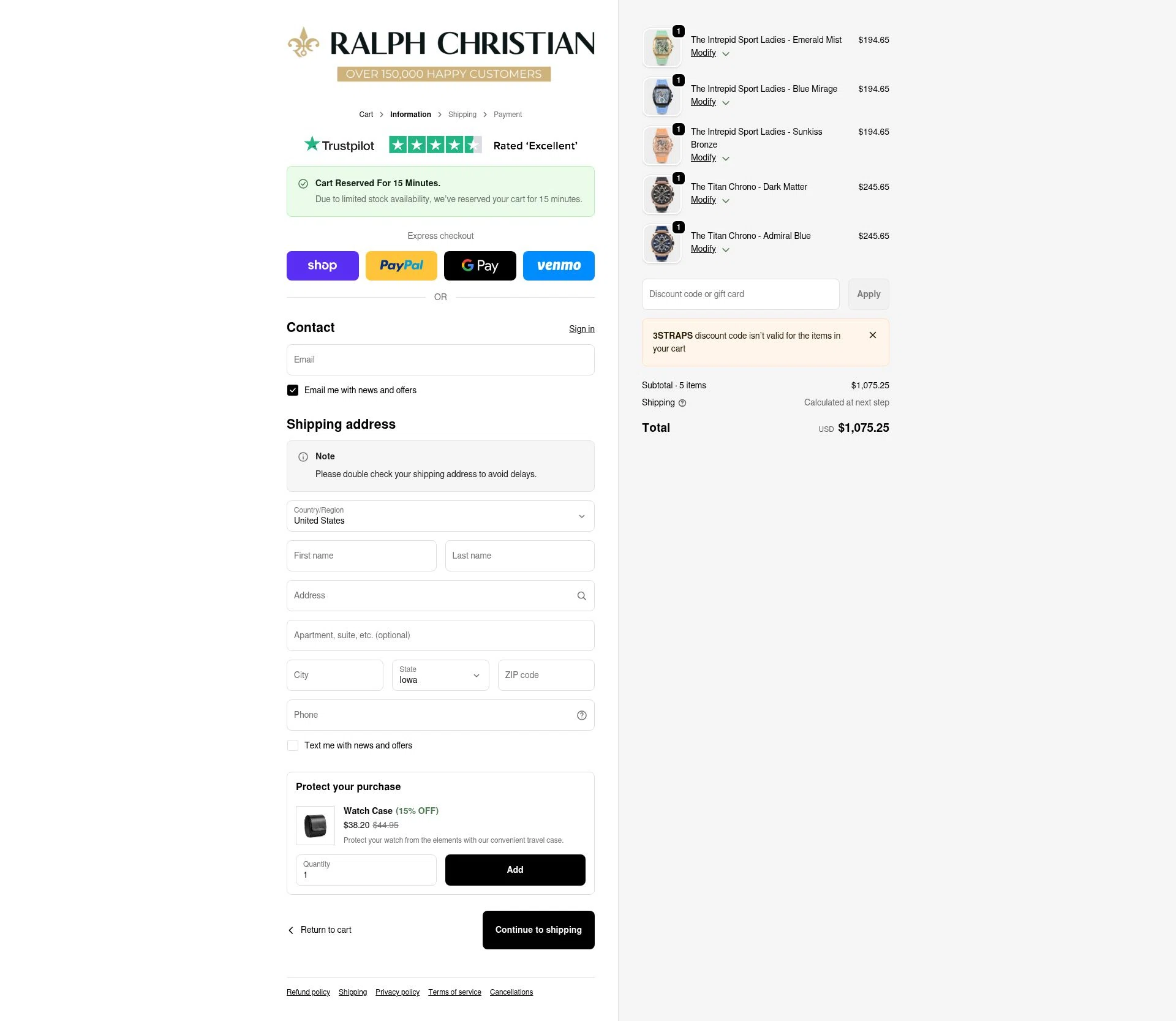 Ralph Christian Watches checkout page showing Ralph Christian Watches discount code box | Screenshot taken by SimplyCodes community member on Feb 14, 2026