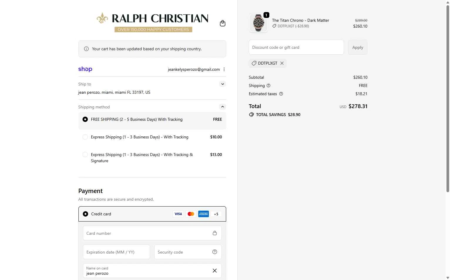 Ralph Christian Watches checkout page showing Ralph Christian Watches discount code box | Screenshot taken by SimplyCodes community member on Feb 16, 2026