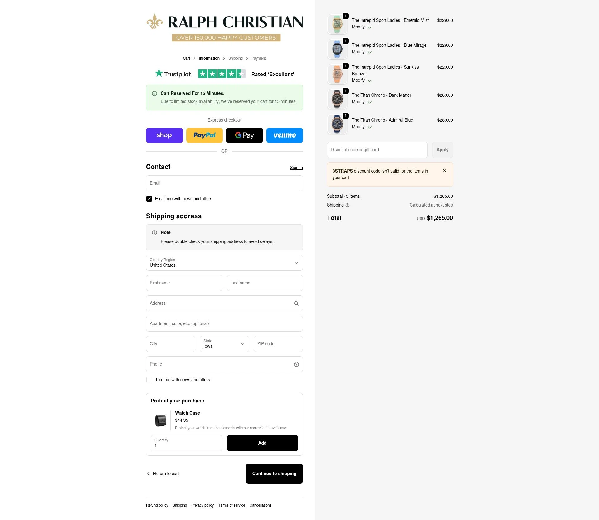 Ralph Christian Watches checkout page showing Ralph Christian Watches discount code box | Screenshot taken by SimplyCodes community member on Feb 19, 2026